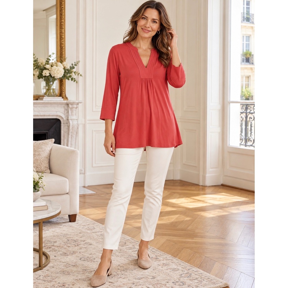 Lilly Pulitzer Womens Large Coral Red V-Neck 3/4 Sleeve Pleated Top Preppy